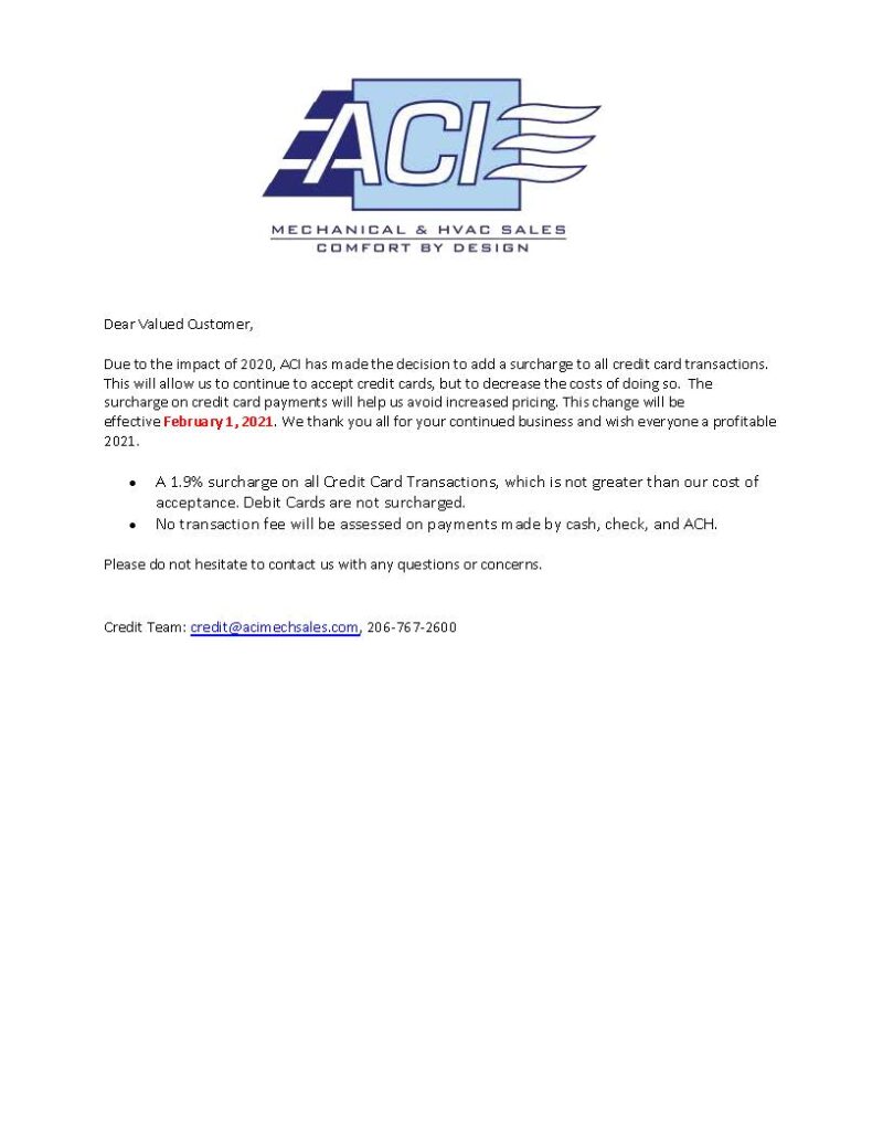 Credit Documents ACI Mechanical Sales Seattle, Portland, Spokane