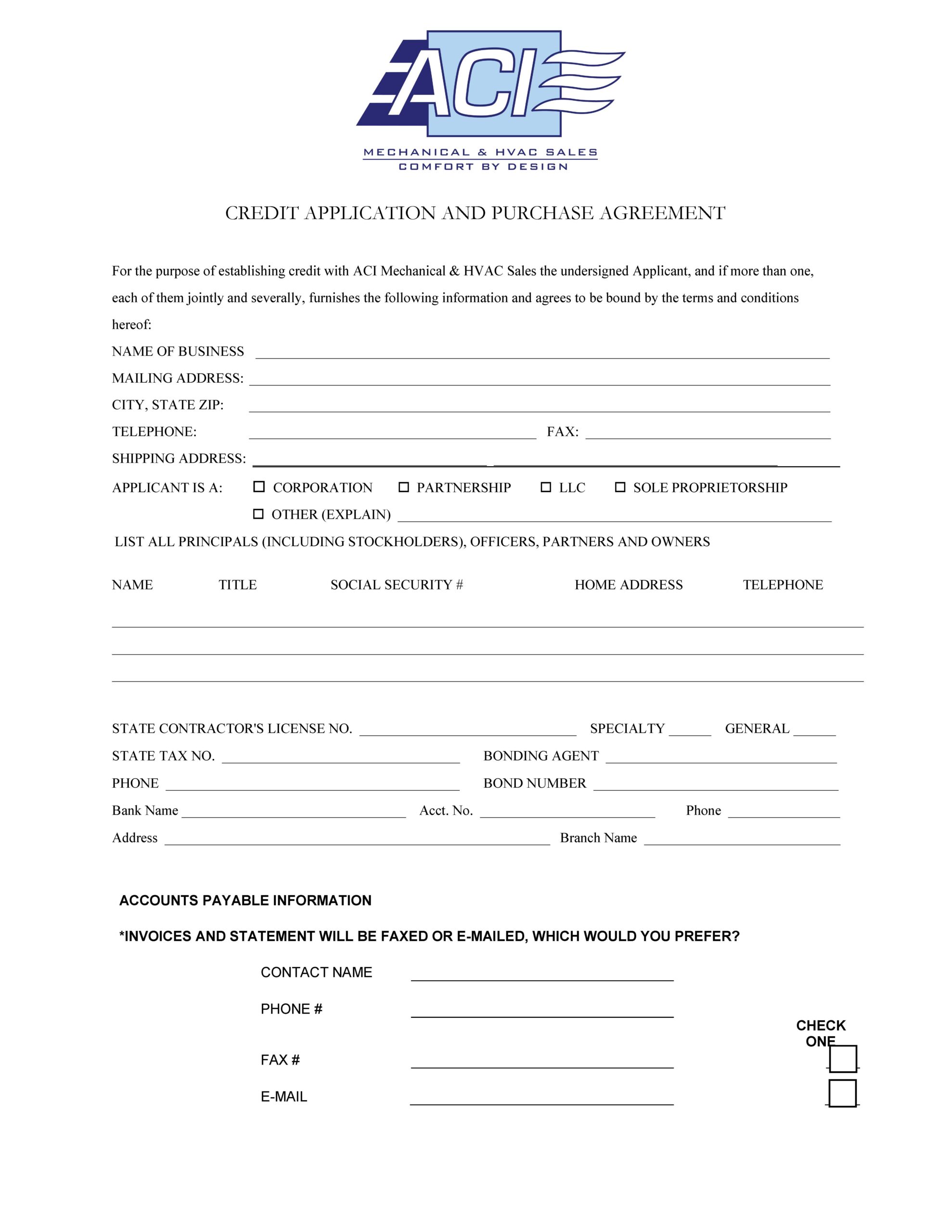 Credit Documents ACI Mechanical Sales Seattle, Portland, Spokane