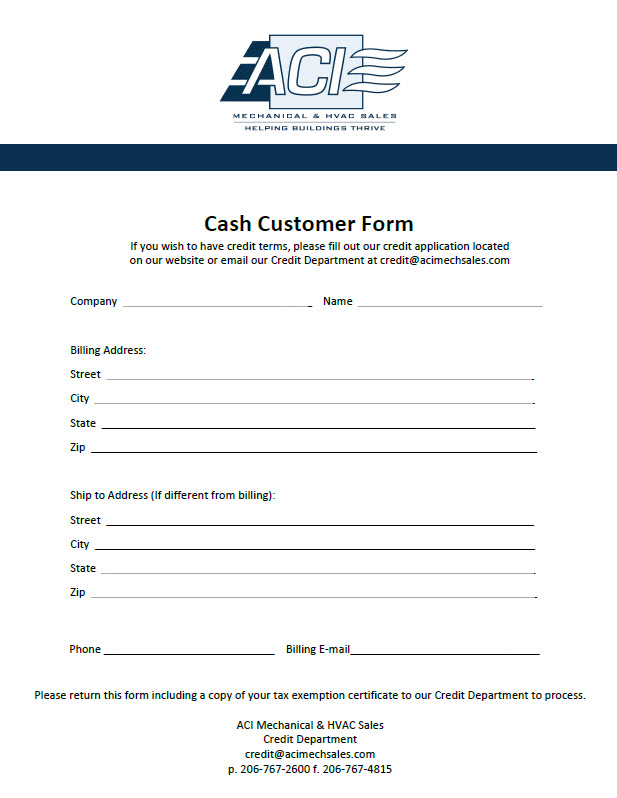 Credit Documents ACI Mechanical Sales Seattle, Portland, Spokane