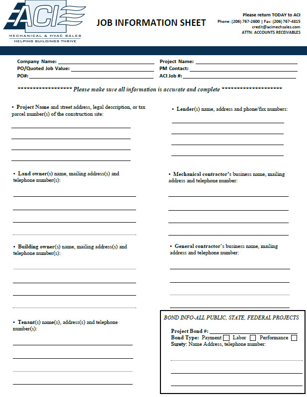 Credit Documents ACI Mechanical Sales Seattle, Portland, Spokane